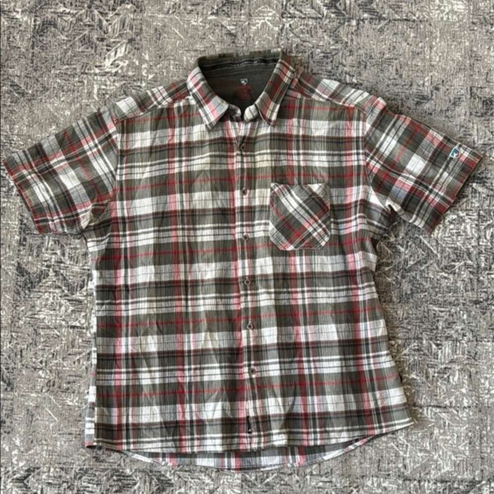 Kuhl Tropik Shirt Mens XL Red Gray Plaid Open Weave Gauzy Seersucker Airy